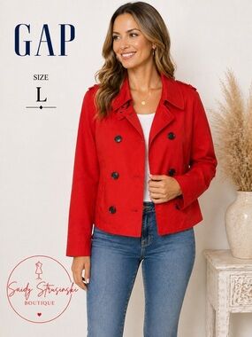 GAP Red Cropped Trench Jacket Size L Double Breasted Cotton casual